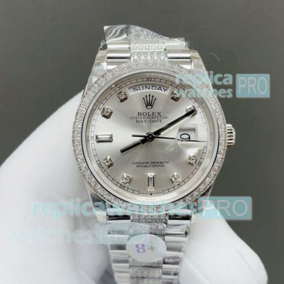 8+ Factory Swiss Replica Rolex Day-Date 36 Gain Weight Silver Face President Diamond Watch 